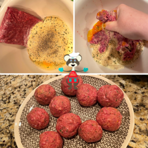 Mixing meatball ingredients and forming into balls